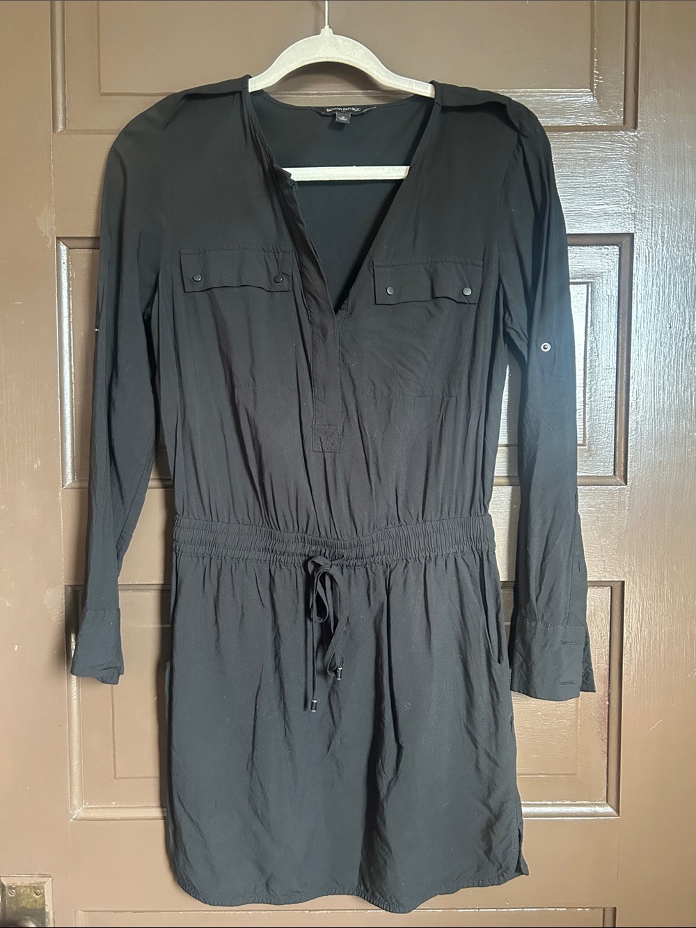 Banana Republic Black Long-Sleeve Drawstring Waist Shirt Dress
